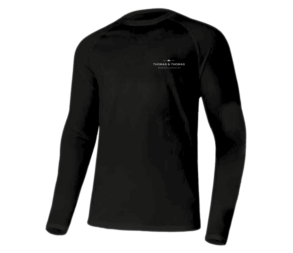 Black Tech Style Hoody with left chest logo of Thomas & Thomas and tagline.