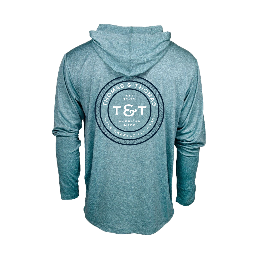 Thomas and thomas harbor heather sun hoody with badge logo in navy and white on the back.