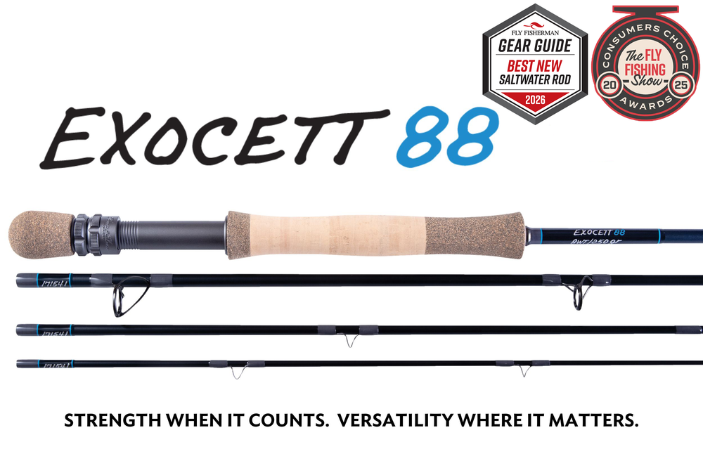 Thomas & Thomas Rods & Accessories - Thomas and Thomas Exocett 88 fly fishing rod with a blue blank, light blue hummies and grey wraps. Matte gun metal reel seat and Exocett written in white on blank and the "88" in light blue.