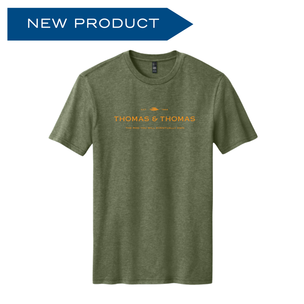 Thomas & Thomas Rods & Accessories - Front view of short sleeve heather green shirt with orange screen print writing of Thomas & Thomas logo with small text beneath saying "The Rod You'll Eventually Own"