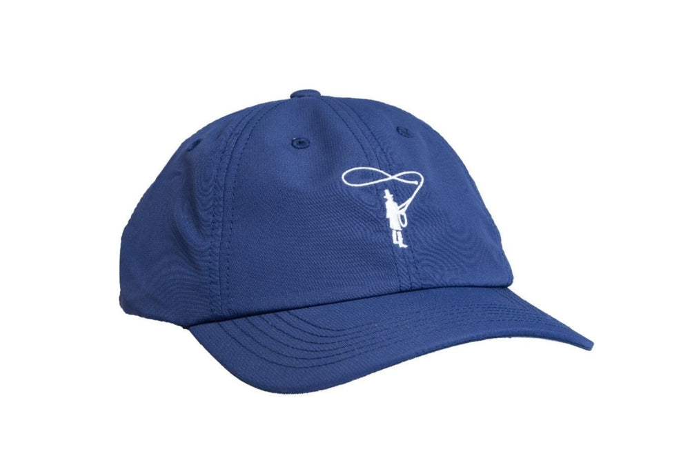 A six-panel cap with bill, in navy performance polyester fabric. Casting Man logo embroidered in white on front