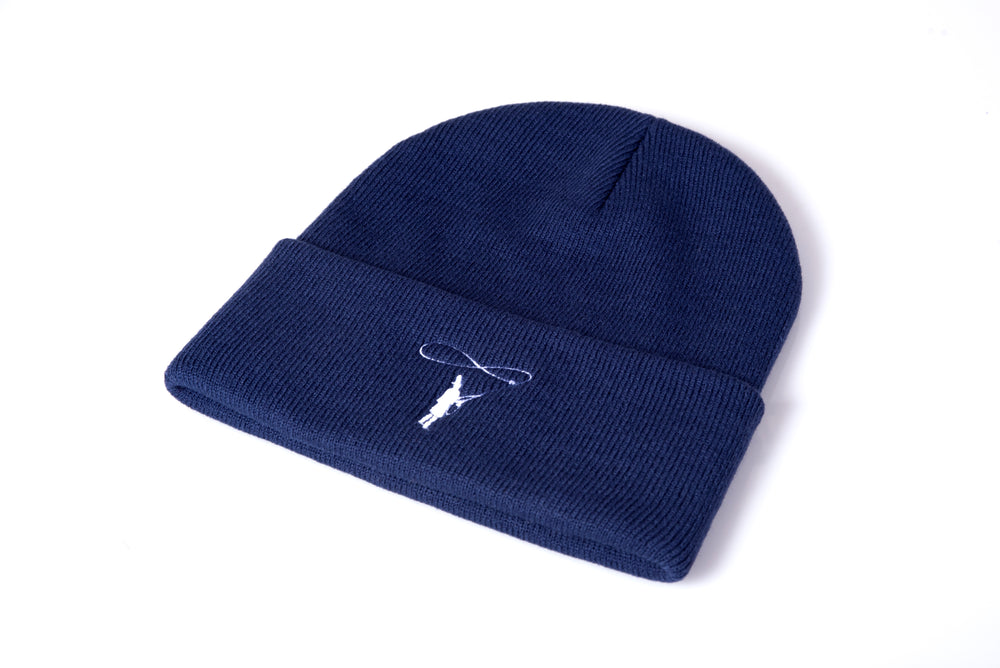 Thomas & Thomas Rods & Accessories - Navy blue Thomas & Thomas Cuff knit beanie with a white Casting Man logo on a white background