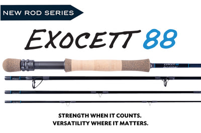 Thomas and Thomas Exocett 88 fly fishing rod with a blue blank, light blue hummies and grey wraps. Matte gun metal reel seat and Exocett written in white on blank and the "88" in light blue.