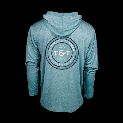 Thomas and thomas harbor heather sun hoody with badge logo in navy and white on the back.