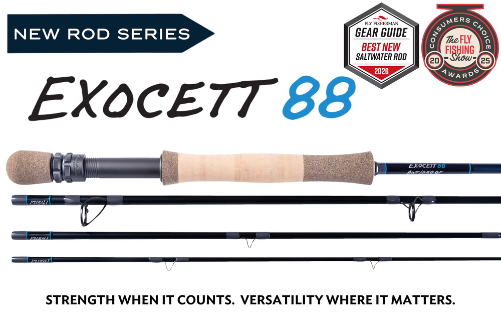 Thomas & Thomas Rods & Accessories - Thomas and Thomas Exocett 88 fly fishing rod with a blue blank, light blue hummies and grey wraps. Matte gun metal reel seat and Exocett written in white on blank and the "88" in light blue.