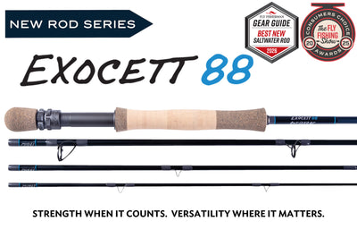 Thomas & Thomas Rods & Accessories - Thomas and Thomas Exocett 88 fly fishing rod with a blue blank, light blue hummies and grey wraps. Matte gun metal reel seat and Exocett written in white on blank and the "88" in light blue.