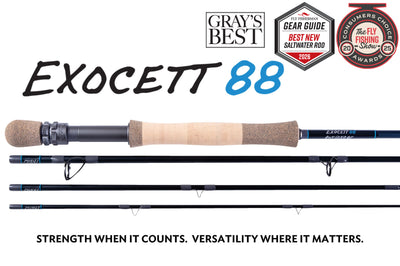 Thomas & Thomas Rods & Accessories - Thomas and Thomas Exocett 88 fly fishing rod with a blue blank, light blue hummies and grey wraps. Matte gun metal reel seat and Exocett written in white on blank and the "88" in light blue.