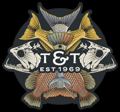 Decorative logo with fish illustrations and 'T & T Est. 1969' text on a black background